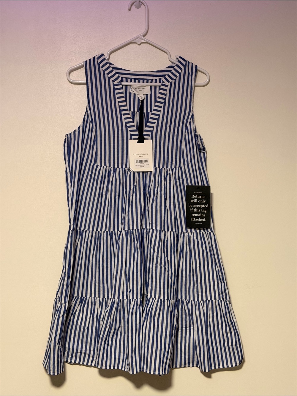 Pomander Place - Navy & White Vertical Stripe Tiered V-Neck Dress - Picture 4 of 7
